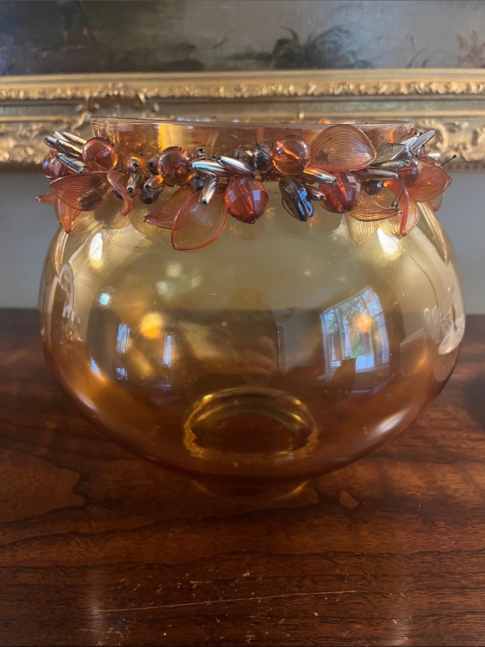Amber Glass Beaded Decorative Centerpiece Bowl